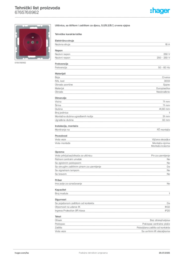 Slika Hager Product data sheet 6765768962  | Hager