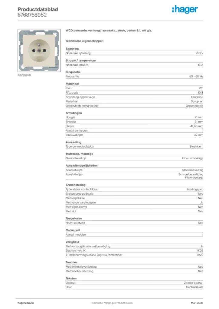 Afbeelding Hager Productdatablad 6768768982 | Hager Nederland