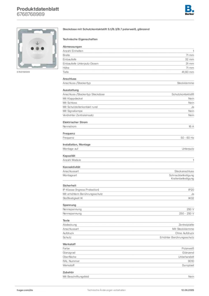 Bild Berker Produktdatenblatt 6768768989 | Hager Deutschland