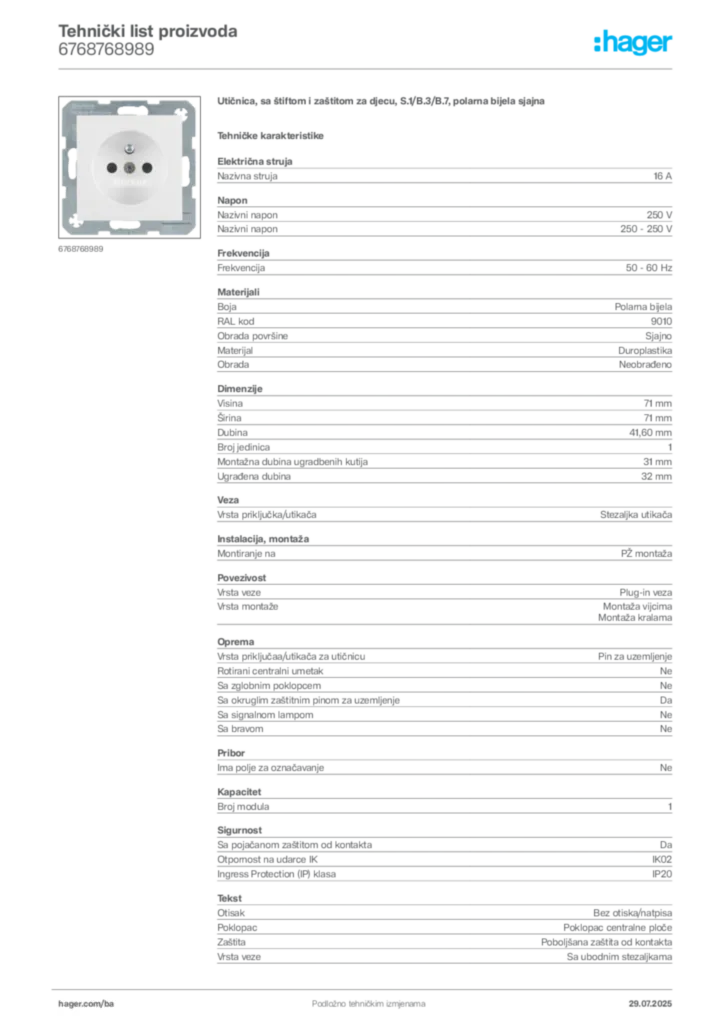 Slika Hager Product data sheet 6768768989  | Hager