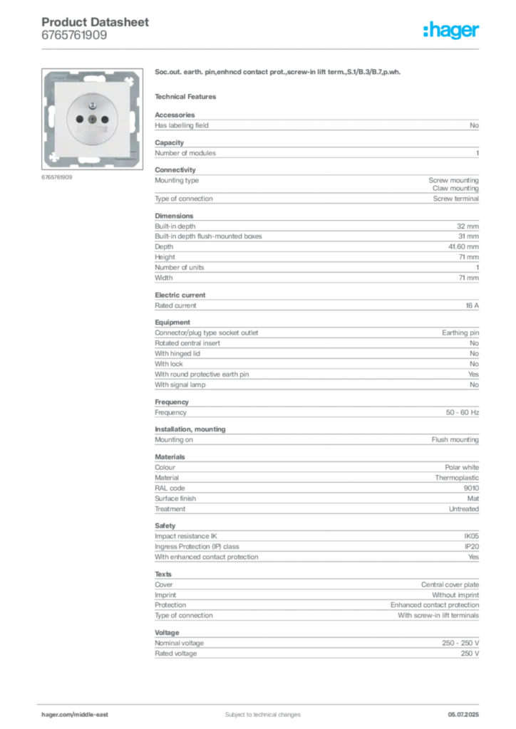 Image Hager Product data sheet 6765761909  | Hager