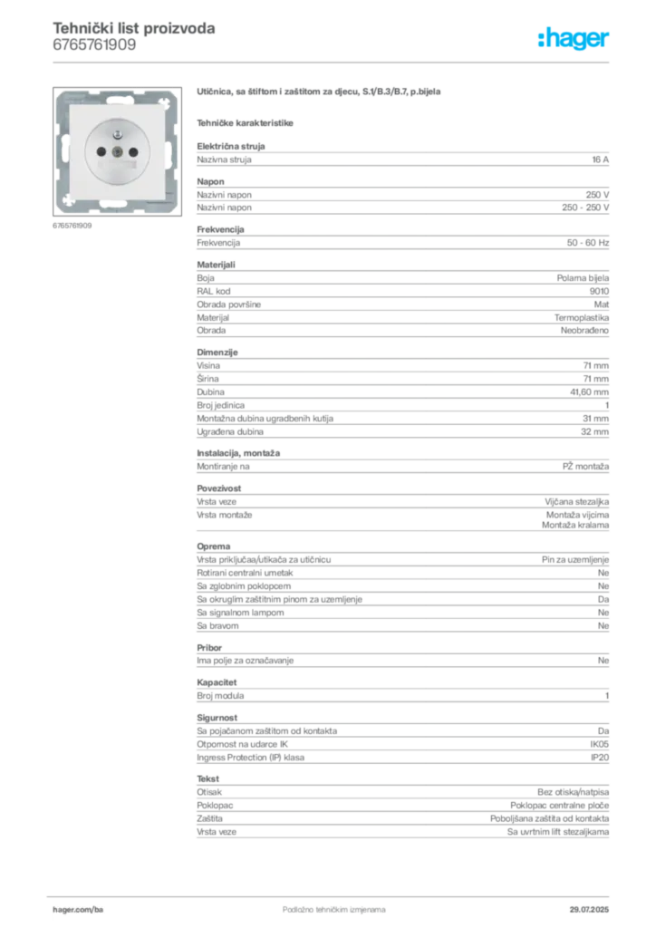 Slika Hager Product data sheet 6765761909  | Hager