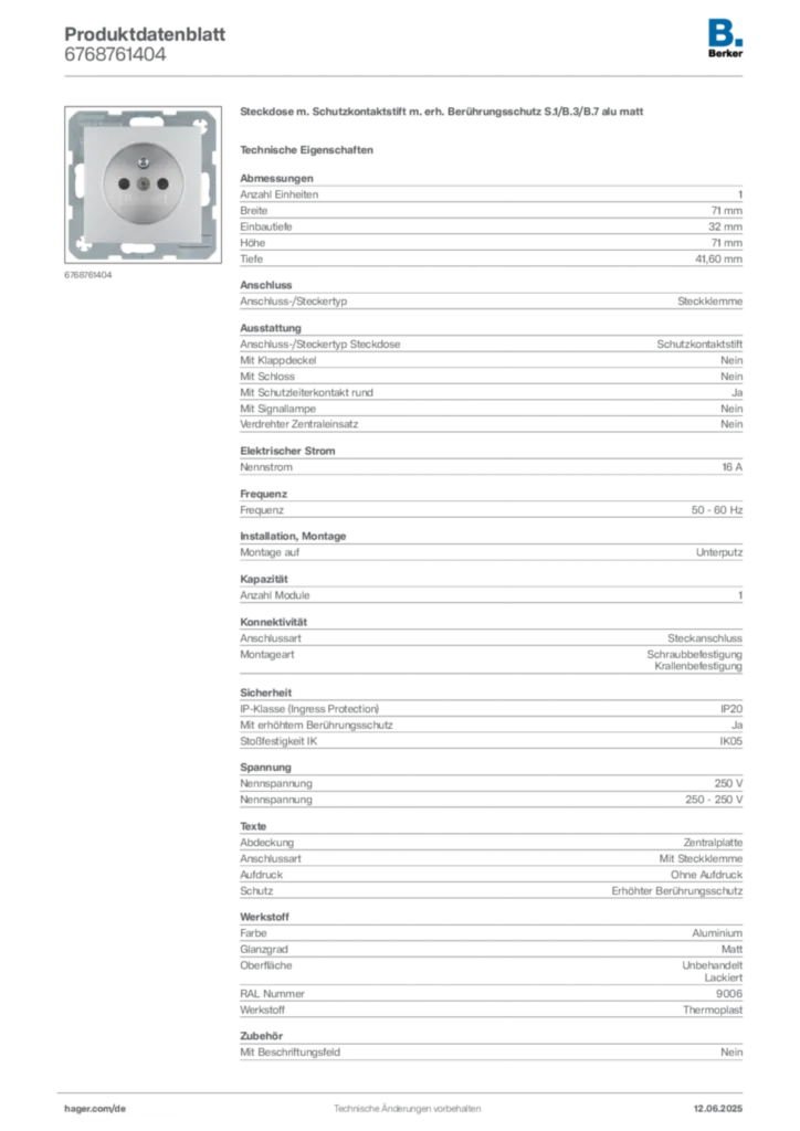 Bild Berker Produktdatenblatt 6768761404 | Hager Deutschland