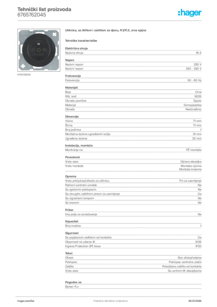Slika Hager Product data sheet 6765762045  | Hager