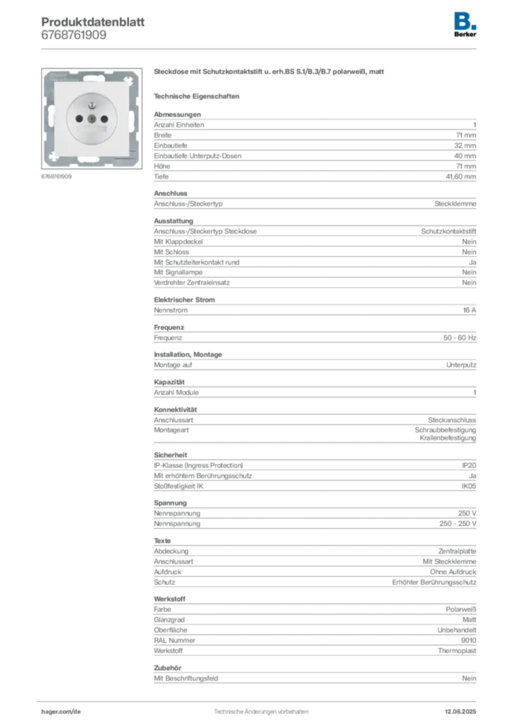 Bild Berker Produktdatenblatt 6768761909 | Hager Deutschland