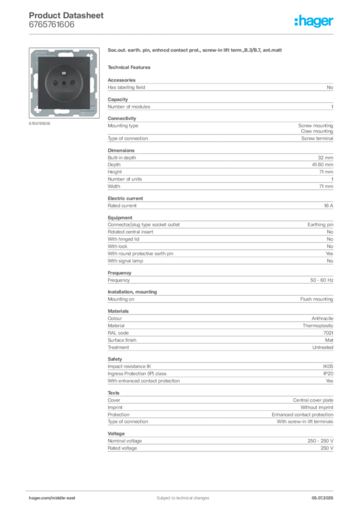 Image Hager Product data sheet 6765761606  | Hager