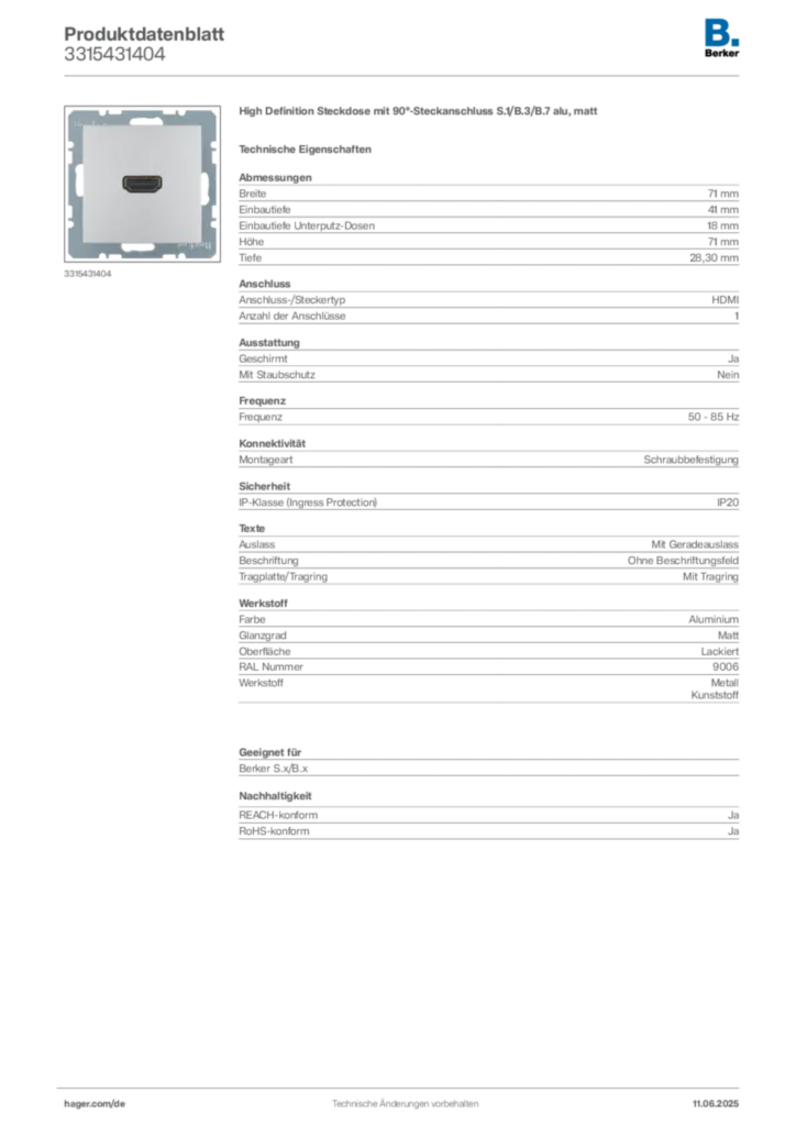 Bild Berker Produktdatenblatt 3315431404 | Hager Deutschland