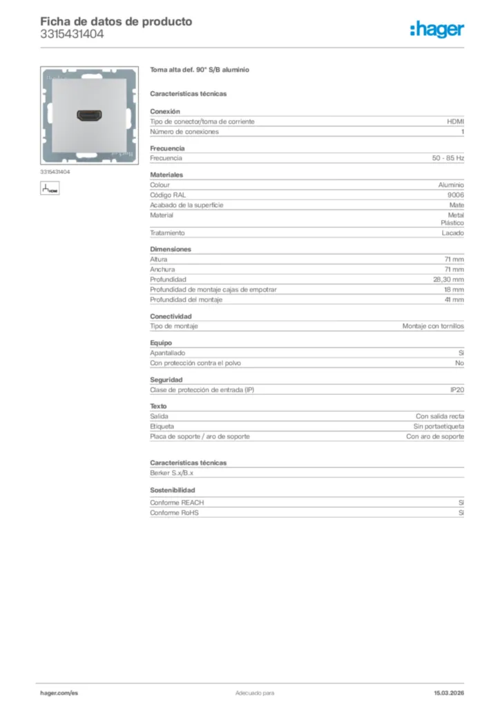 Imagen Hager Ficha de datos de producto 3315431404 | Hager España