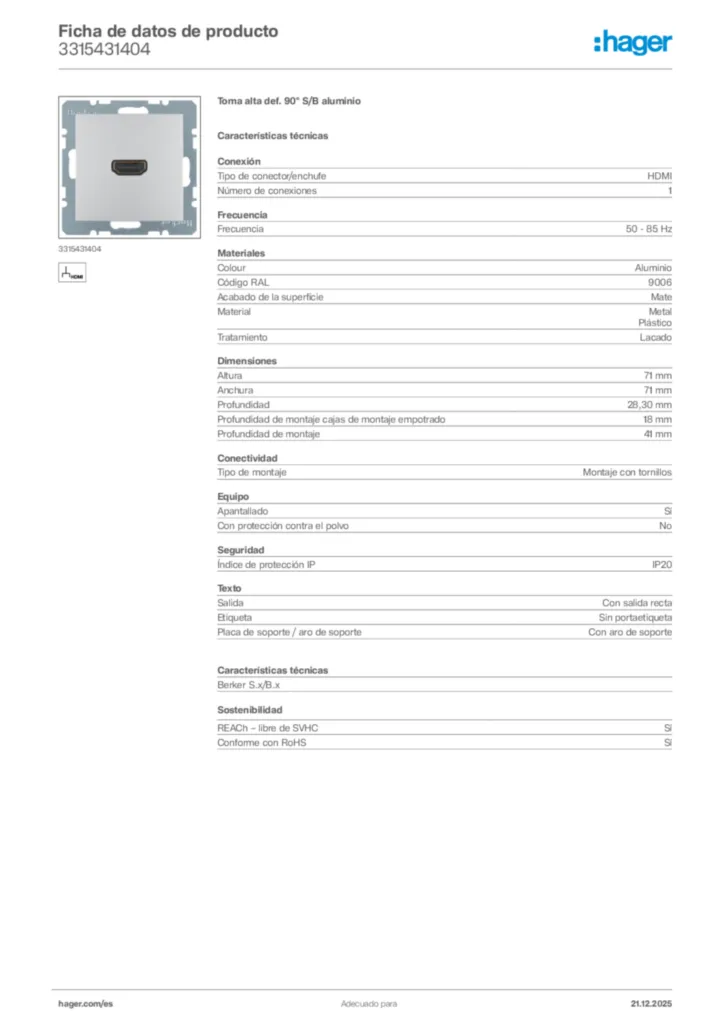 Imagen Hager Ficha de datos de producto 3315431404 | Hager España