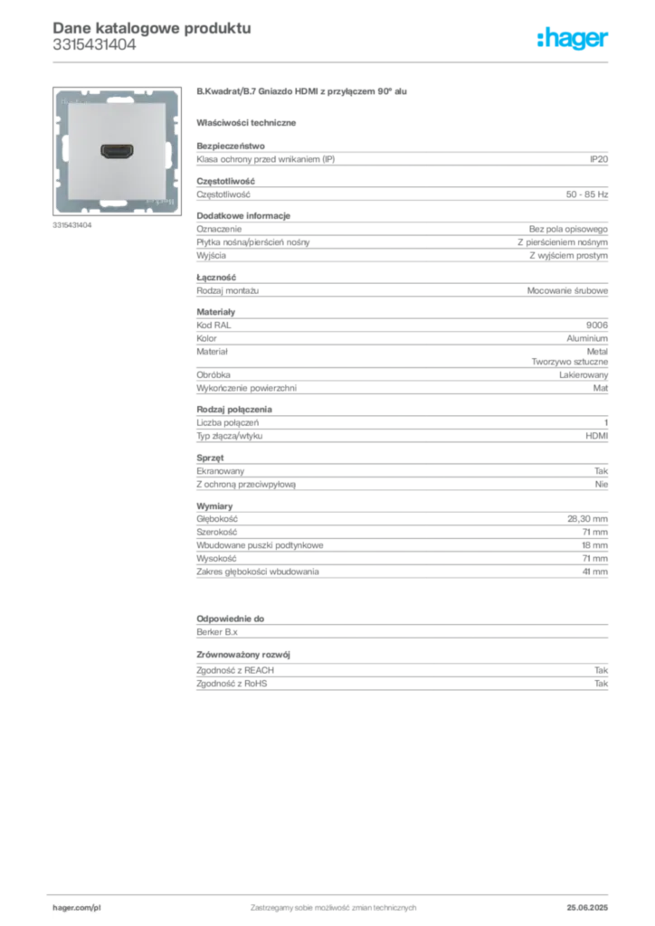 Zdjęcie Hager Dane katalogowe produktu 3315431404 | Hager Polska