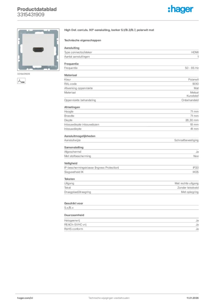 Afbeelding Hager Productdatablad 3315431909 | Hager Nederland