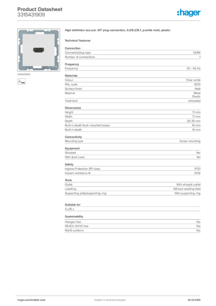 Image Hager Product data sheet 3315431909  | Hager
