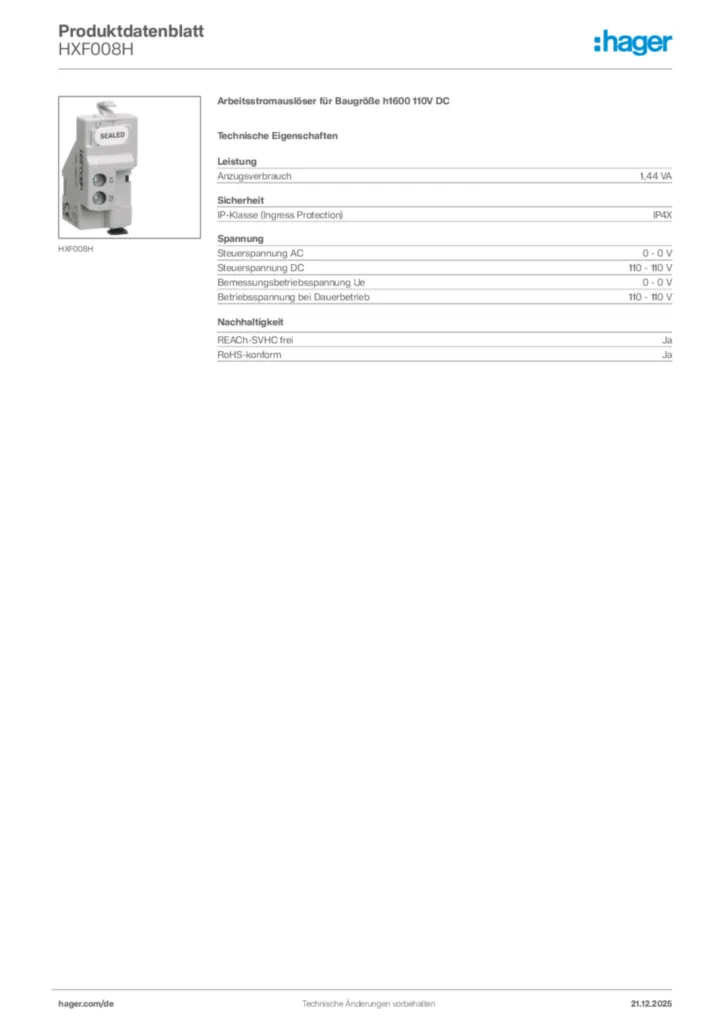 Bild Hager Produktdatenblatt HXF008H | Hager Deutschland