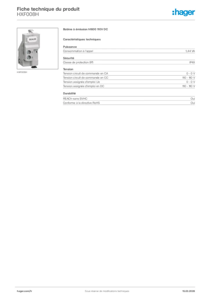 Image Hager Fiche technique du produit HXF008H | Hager France