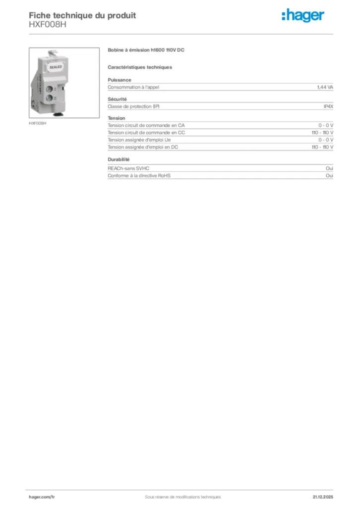 Image Hager Fiche technique du produit HXF008H | Hager France