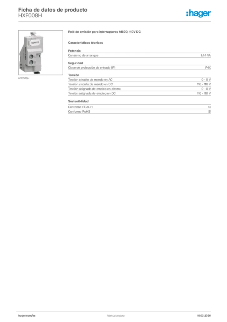 Imagen Hager Ficha de datos de producto HXF008H | Hager España