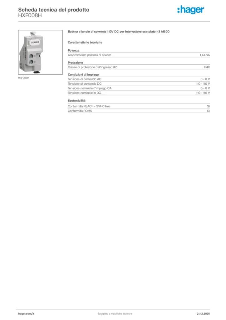 Immagine Hager Scheda tecnica del prodotto HXF008H | Hager Italia