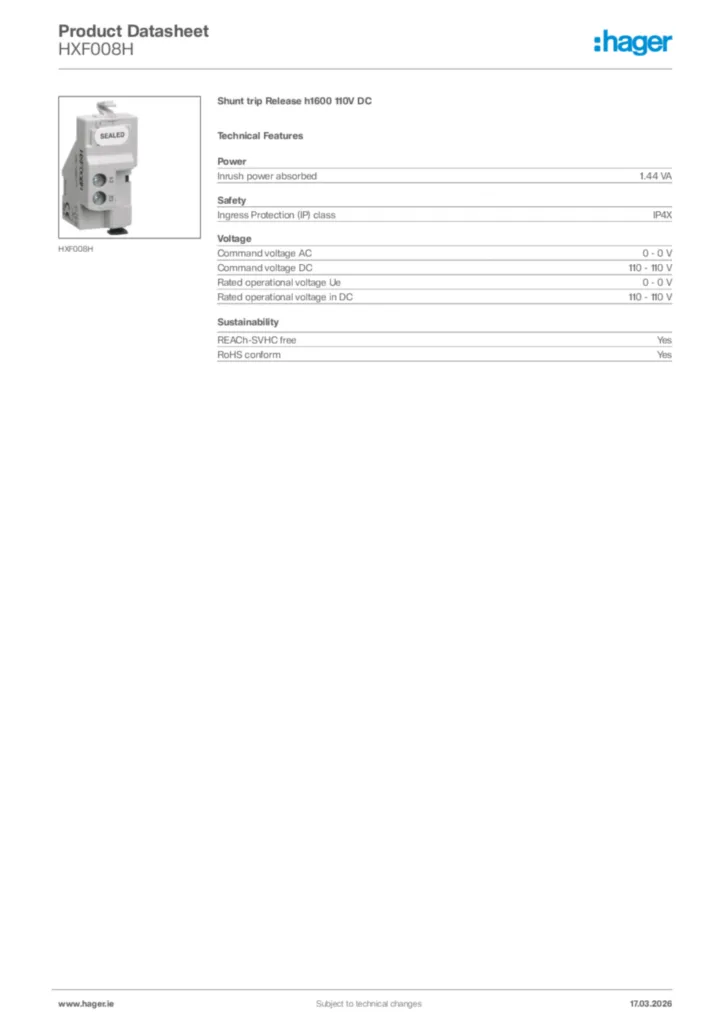 Image Hager Product data sheet HXF008H  | Hager
