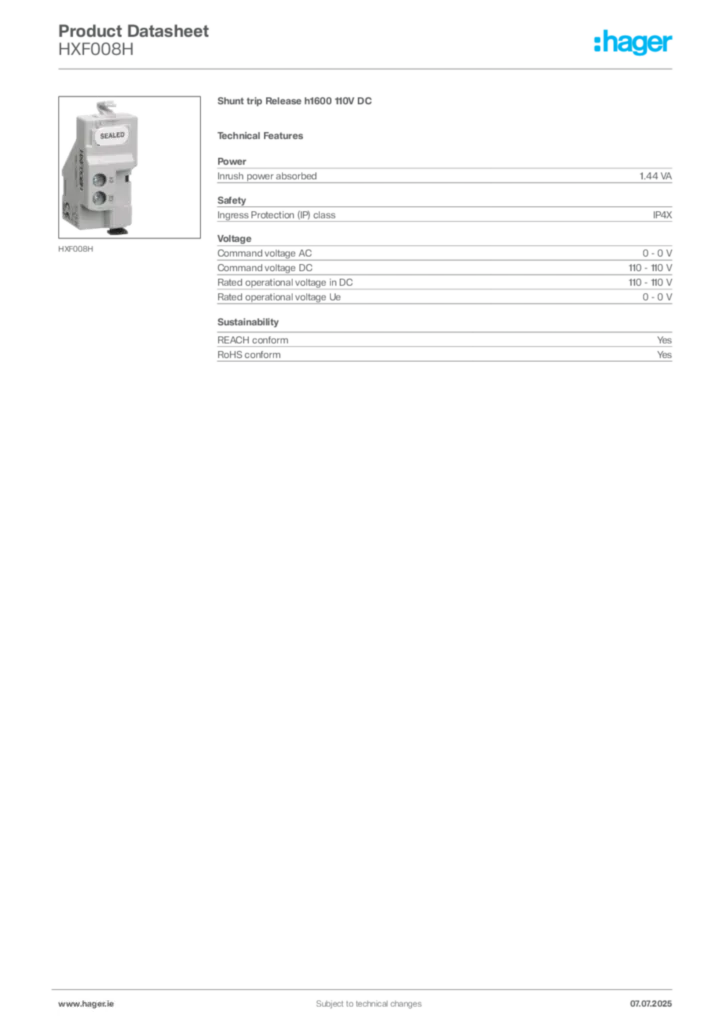 Image Hager Product data sheet HXF008H  | Hager