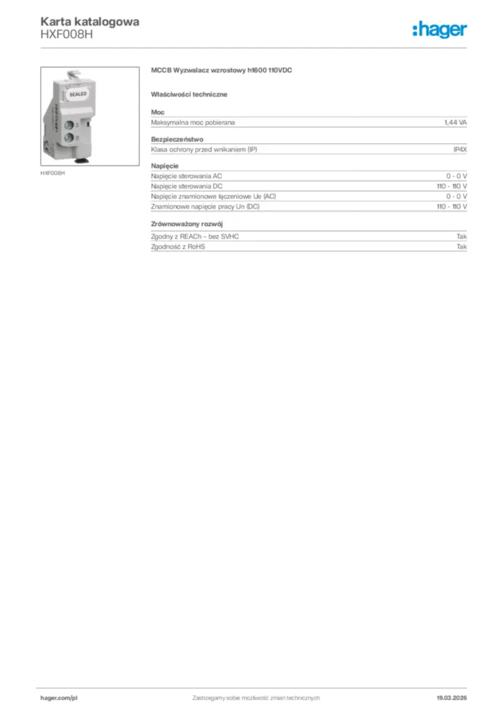 Zdjęcie Hager Karta katalogowa HXF008H | Hager Polska