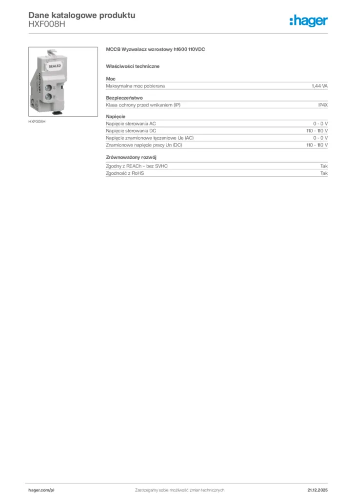 Zdjęcie Hager Dane katalogowe produktu HXF008H | Hager Polska