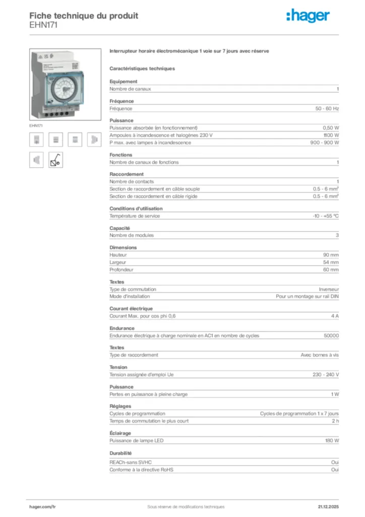 Image Hager Fiche technique du produit EHN171 | Hager France