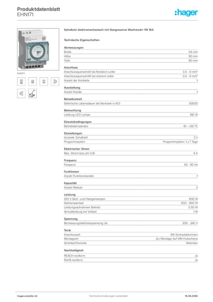 Bild Hager Produktdatenblatt EHN171 | Hager Schweiz