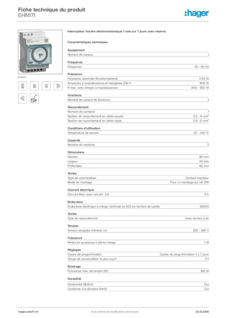 Image Hager Fiche technique du produit EHN171 | Hager Suisse