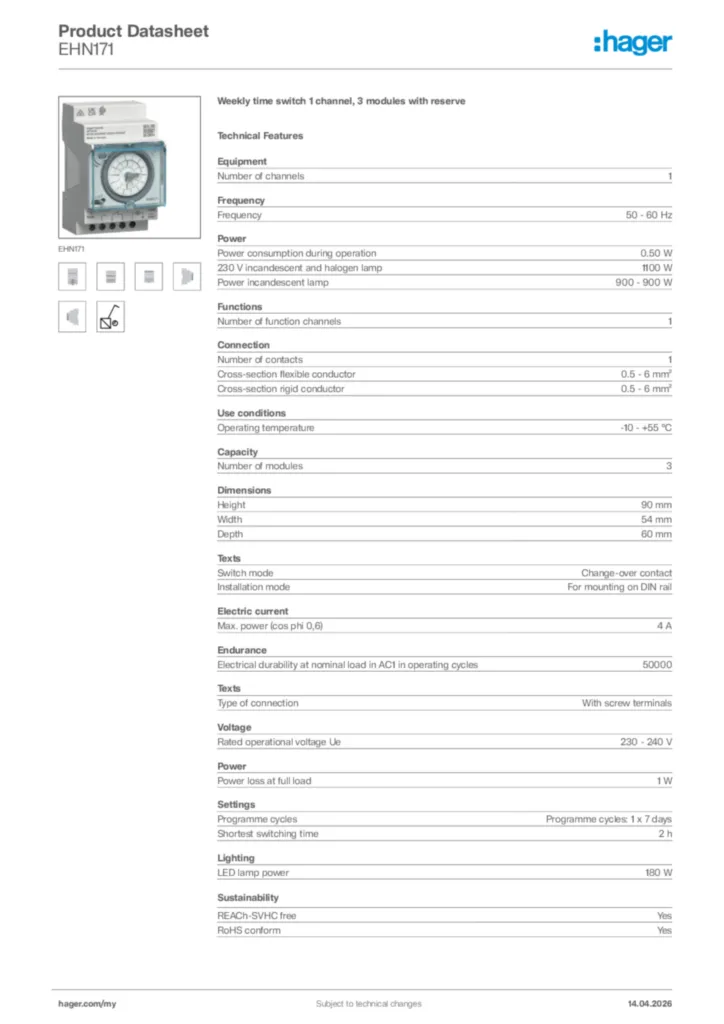 Image Hager Product data sheet EHN171  | Hager