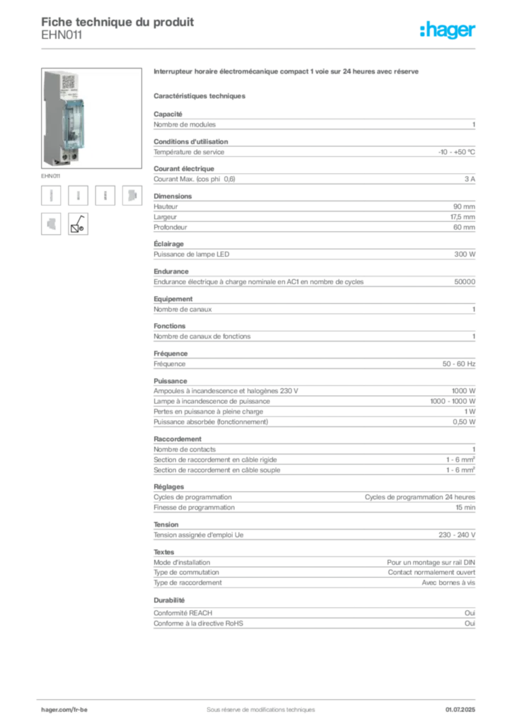 Image Hager Fiche technique du produit EHN011 | Hager Belgique