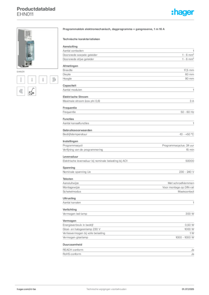 Afbeelding Hager Productdatablad EHN011 | Hager Belgium