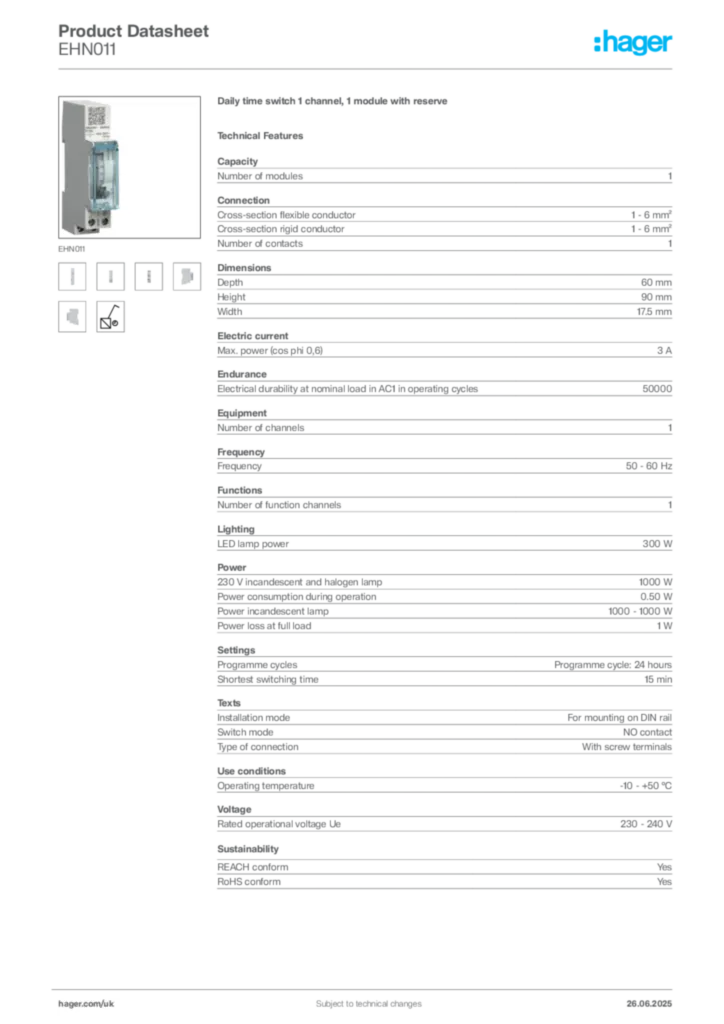 Image Hager Product data sheet EHN011  | Hager
