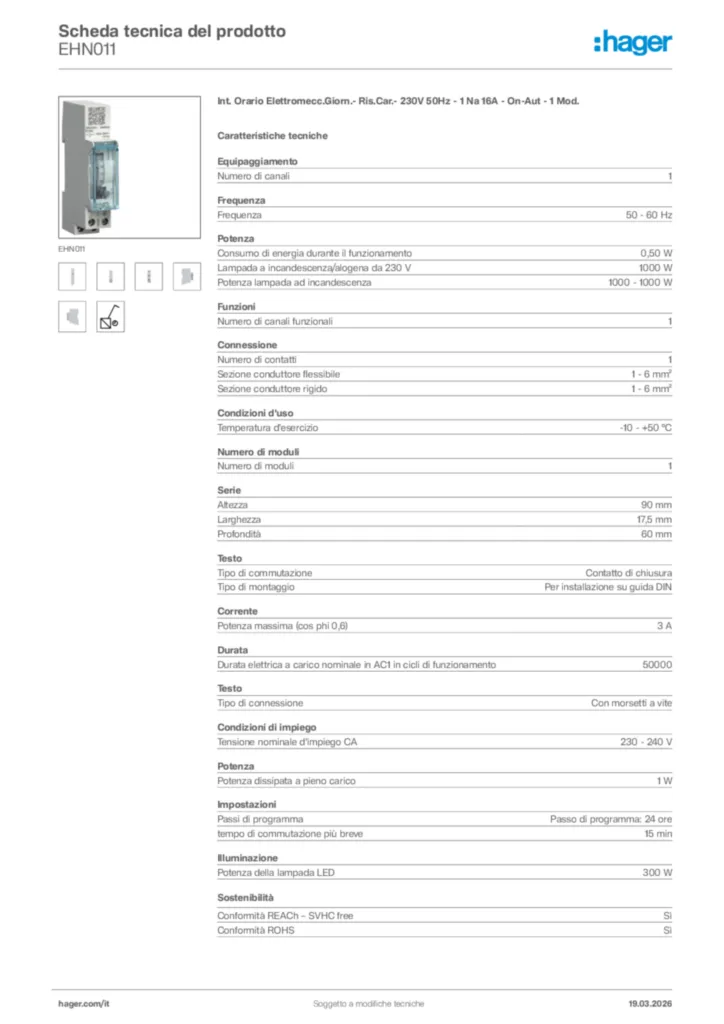 Immagine Hager Scheda tecnica del prodotto EHN011 | Hager Italia