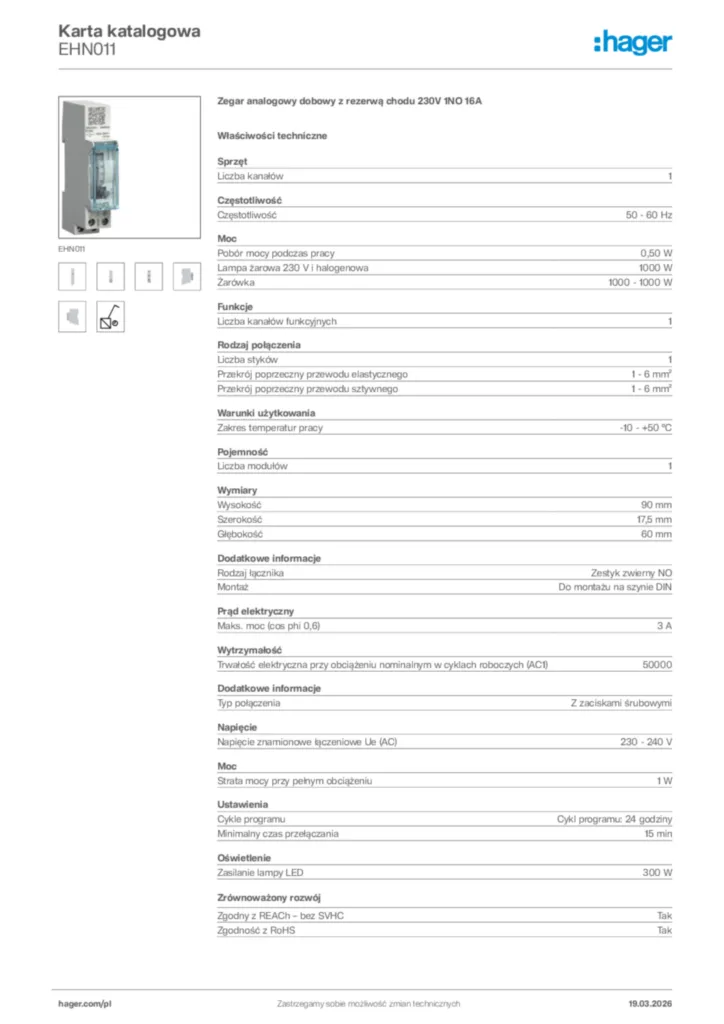Zdjęcie Hager Karta katalogowa EHN011 | Hager Polska