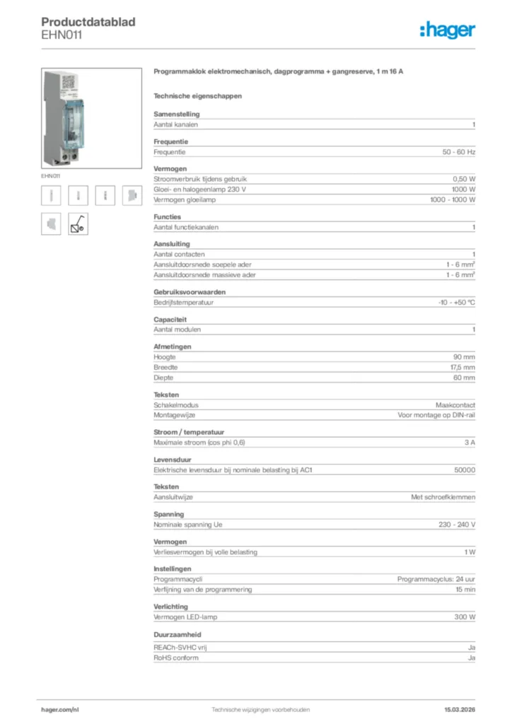 Afbeelding Hager Productdatablad EHN011 | Hager Nederland