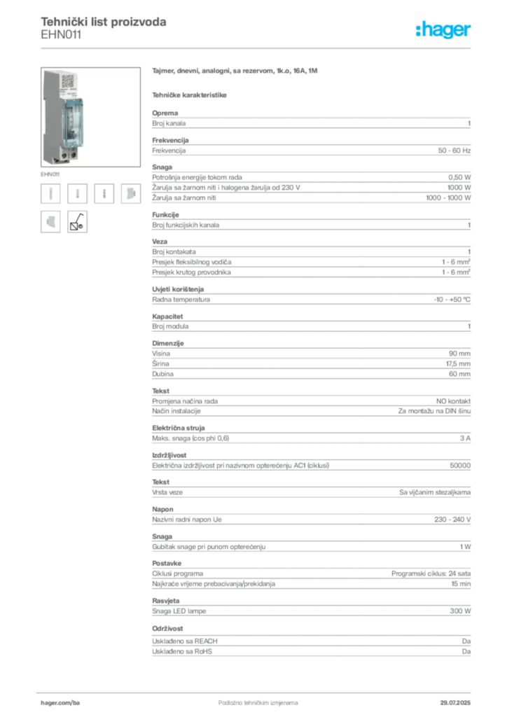 Slika Hager Product data sheet EHN011  | Hager