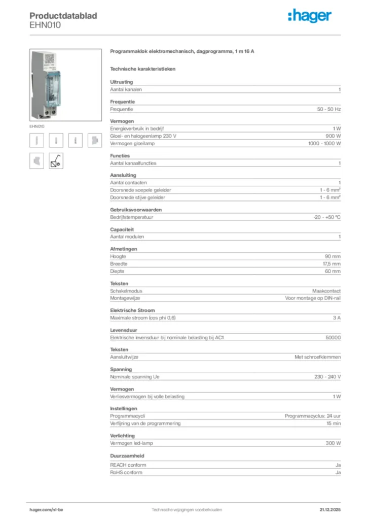 Afbeelding Hager Productdatablad EHN010 | Hager Belgium