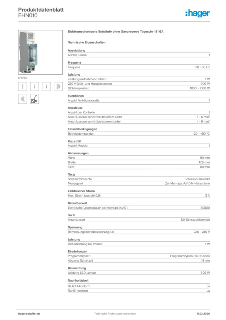 Bild Hager Produktdatenblatt EHN010 | Hager Schweiz