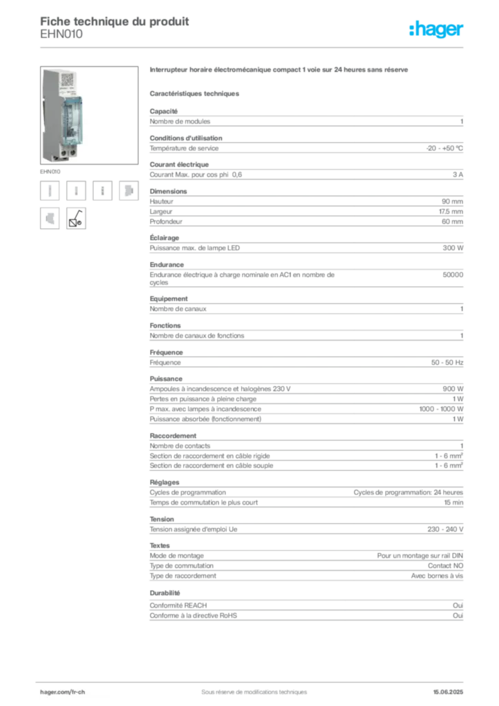 Image Hager Fiche technique du produit EHN010 | Hager Suisse