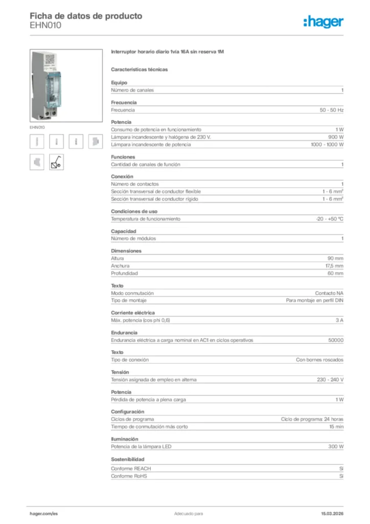 Imagen Hager Ficha de datos de producto EHN010 | Hager España