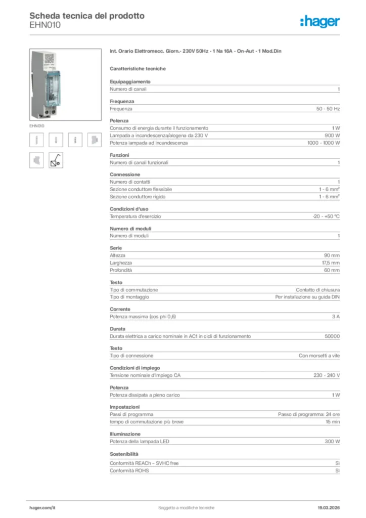 Immagine Hager Scheda tecnica del prodotto EHN010 | Hager Italia