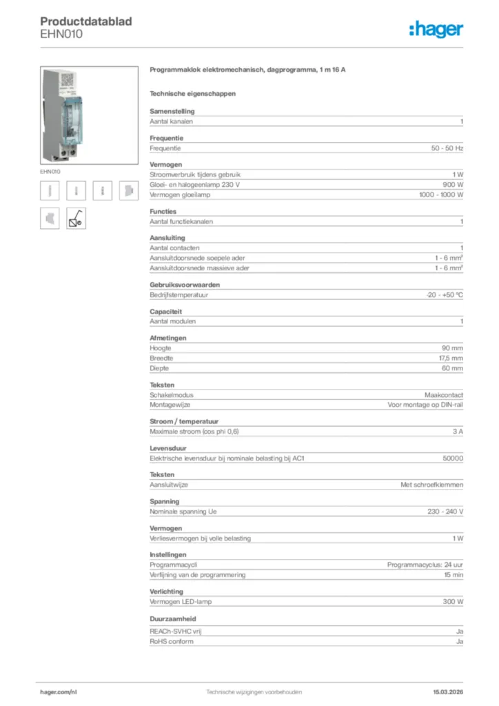 Afbeelding Hager Productdatablad EHN010 | Hager Nederland