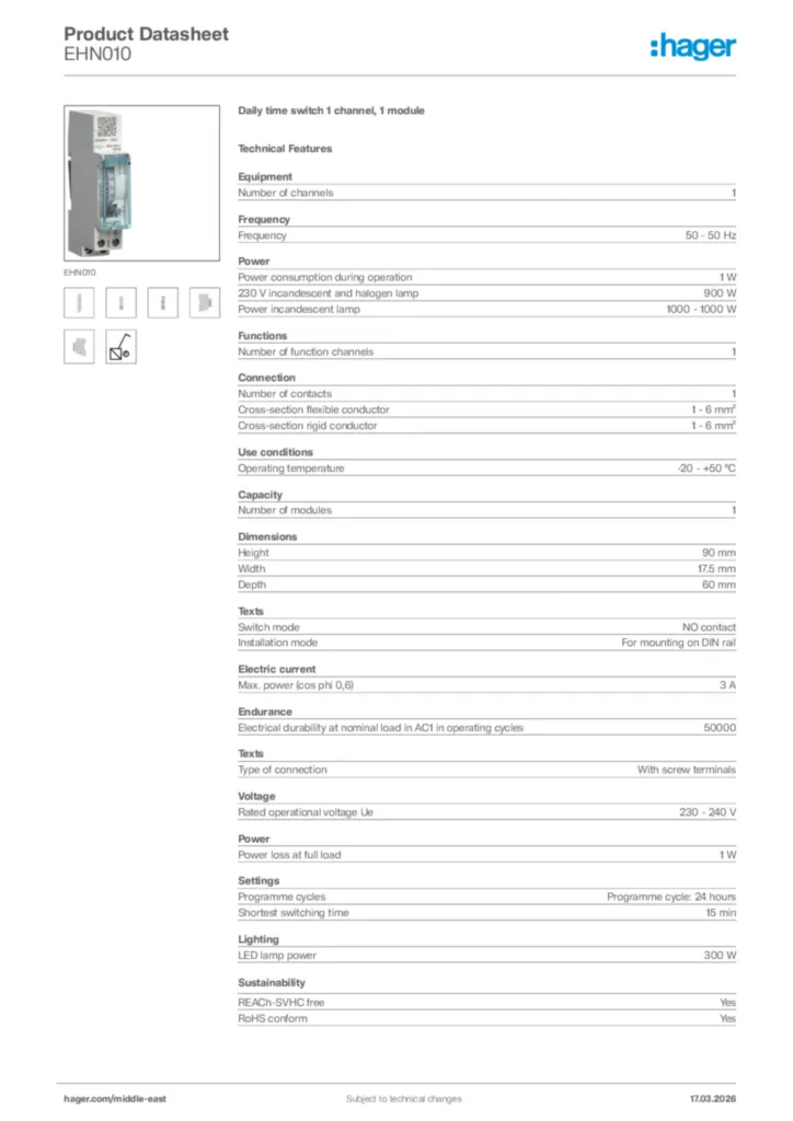 Image Hager Product data sheet EHN010  | Hager
