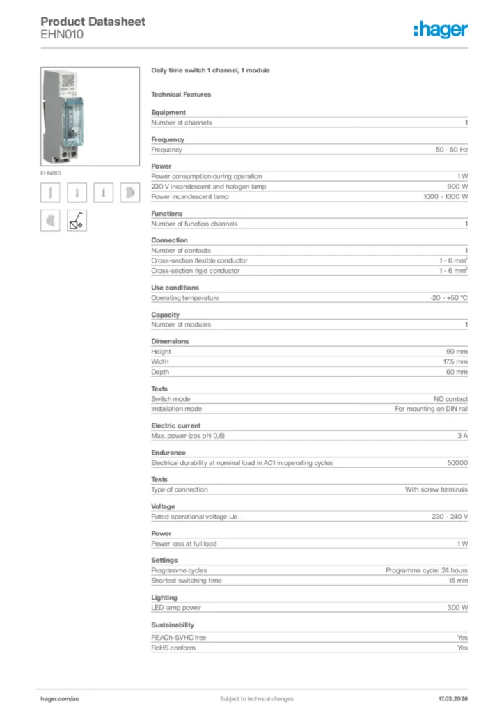 Image Hager Product data sheet EHN010  | Hager Australia