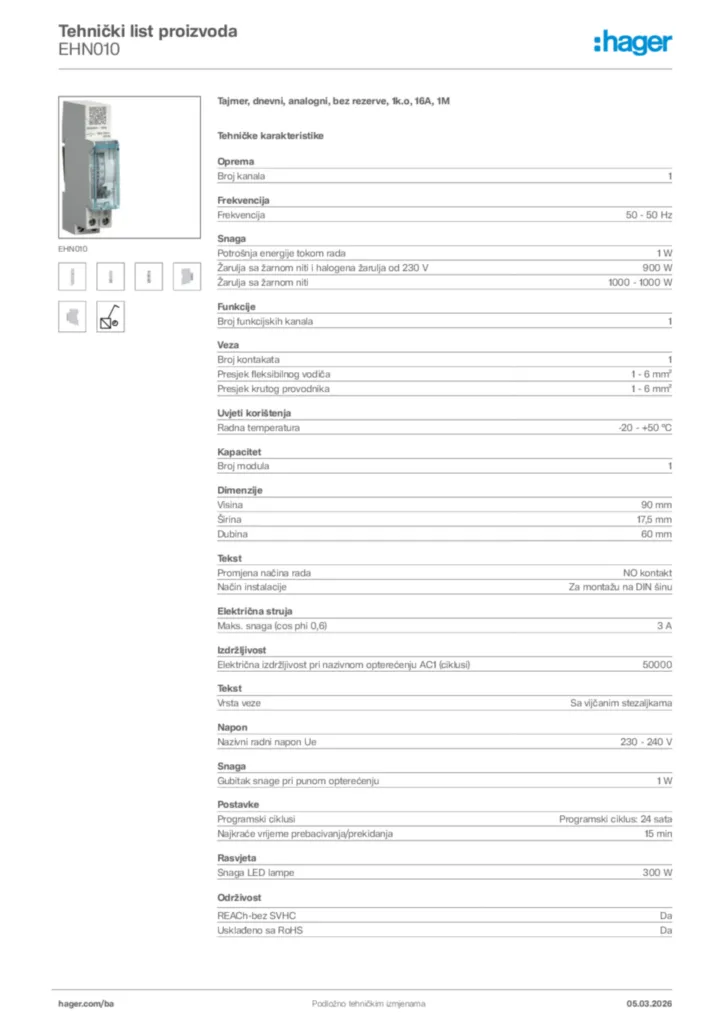 Slika Hager Tehnički list proizvoda EHN010  | Hager