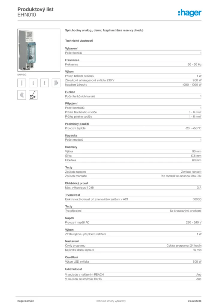 Obrázek Hager Product data sheet EHN010 | Hager