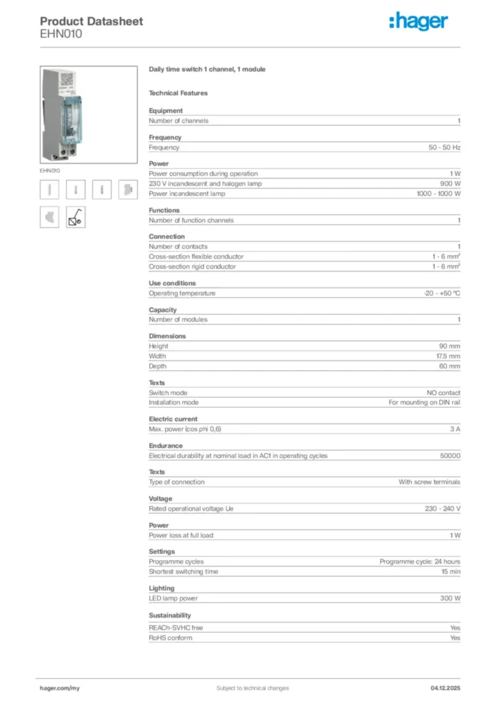Image Hager Product data sheet EHN010  | Hager