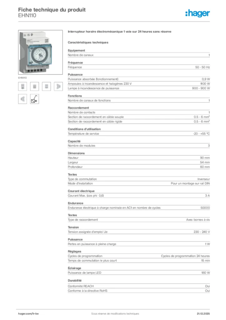 Image Hager Fiche technique du produit EHN110 | Hager Belgique