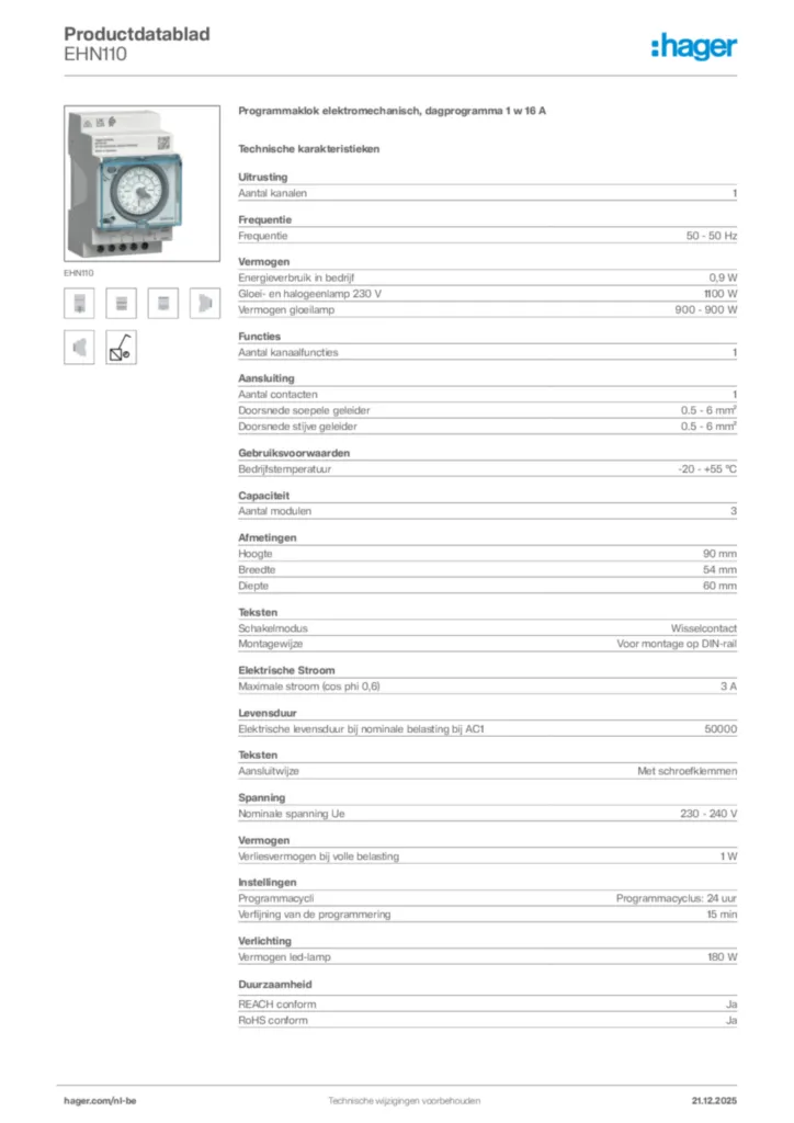 Afbeelding Hager Productdatablad EHN110 | Hager Belgium