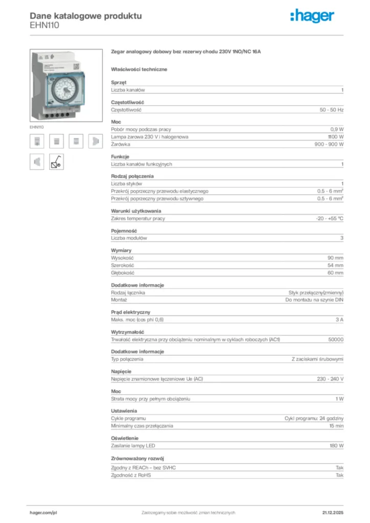Zdjęcie Hager Dane katalogowe produktu EHN110 | Hager Polska